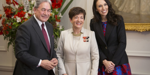 The Governor General Dame Patsy reddy with NZ First leader Winson Peters and Prime Minister Jacinda Ardern during the Governments swearing in ceremony at Government House in Wellington. Photo Mark Mitchell